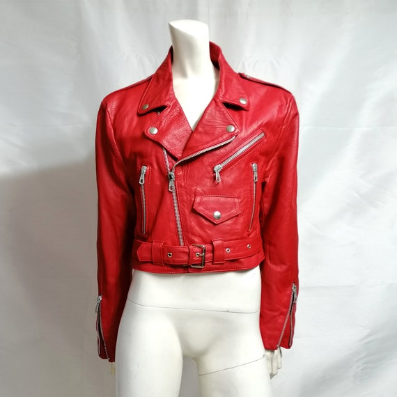 Red Leather Biker Jacket Quilted L Vintage 1980 Size L Rock | Etsy