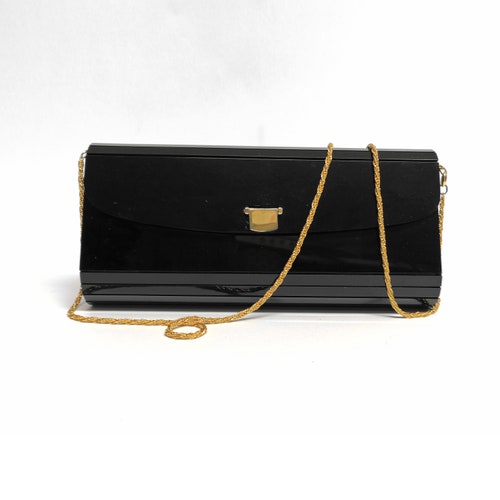 1978 1980 LUCITE bag vintage Maxi clutch evening shops handbag golden chain shoulder sac frip rodoide black gothic elegant tasche 80s 70s disco