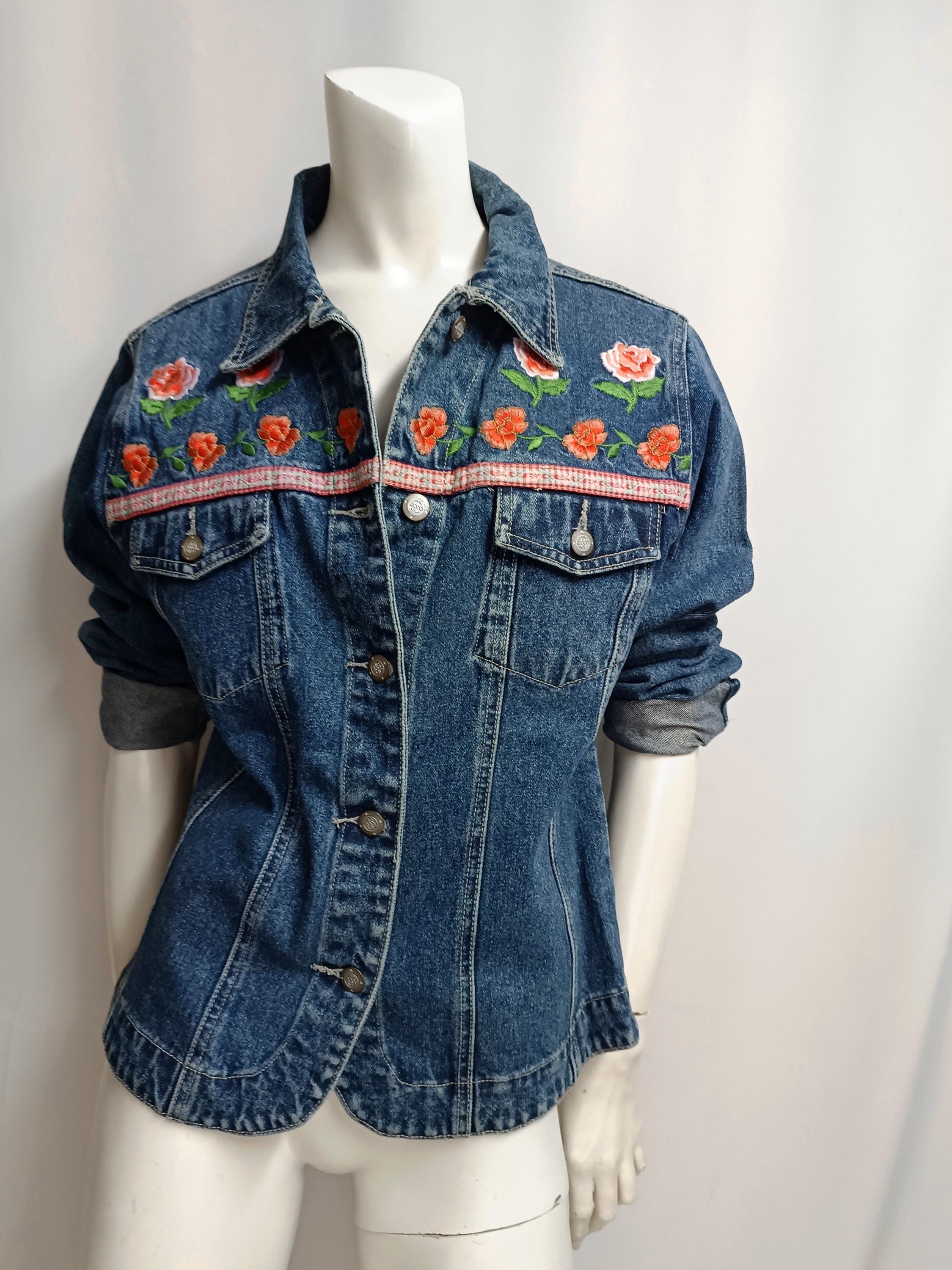 Veste Jean Vintage Bill Blass à Motif Floral - Taille L - Occasion Très Bon état - Pour Femme