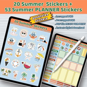 Summer Planner Stickers: Beach Theme Digital Stickers (Pre-cropped PNG, PDF Print File)