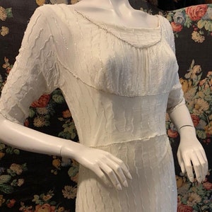 1930s Style Beaded Cream Crinkle Chiffon Wedding Dress