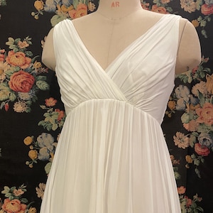 Vintage wedding dress, 1970s boho floaty floor length pleated chiffon empire waist gown