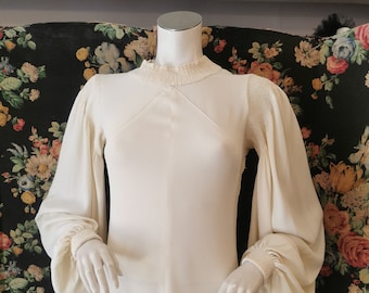 Vintage 1930s ivory moss crepe bias cut wedding dress Turtleneck Smocking Cuff Bishop Sleeves Floor Length Swallow Tail Train Period Bride