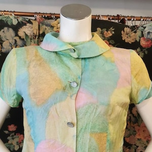 1960's vintage silk pastel two piece set, party print shift dress and blazer jacket | Mod retro fashion