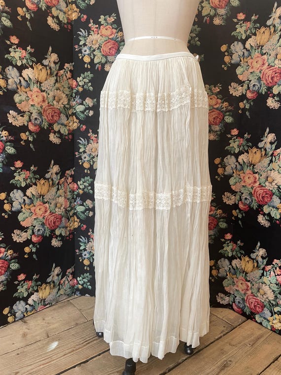 Vintage Maxi Skirt Tiered White Crepe Pleated with Tiered Lace Trim by Helmer Inc Bridal Boutique in Syracuse