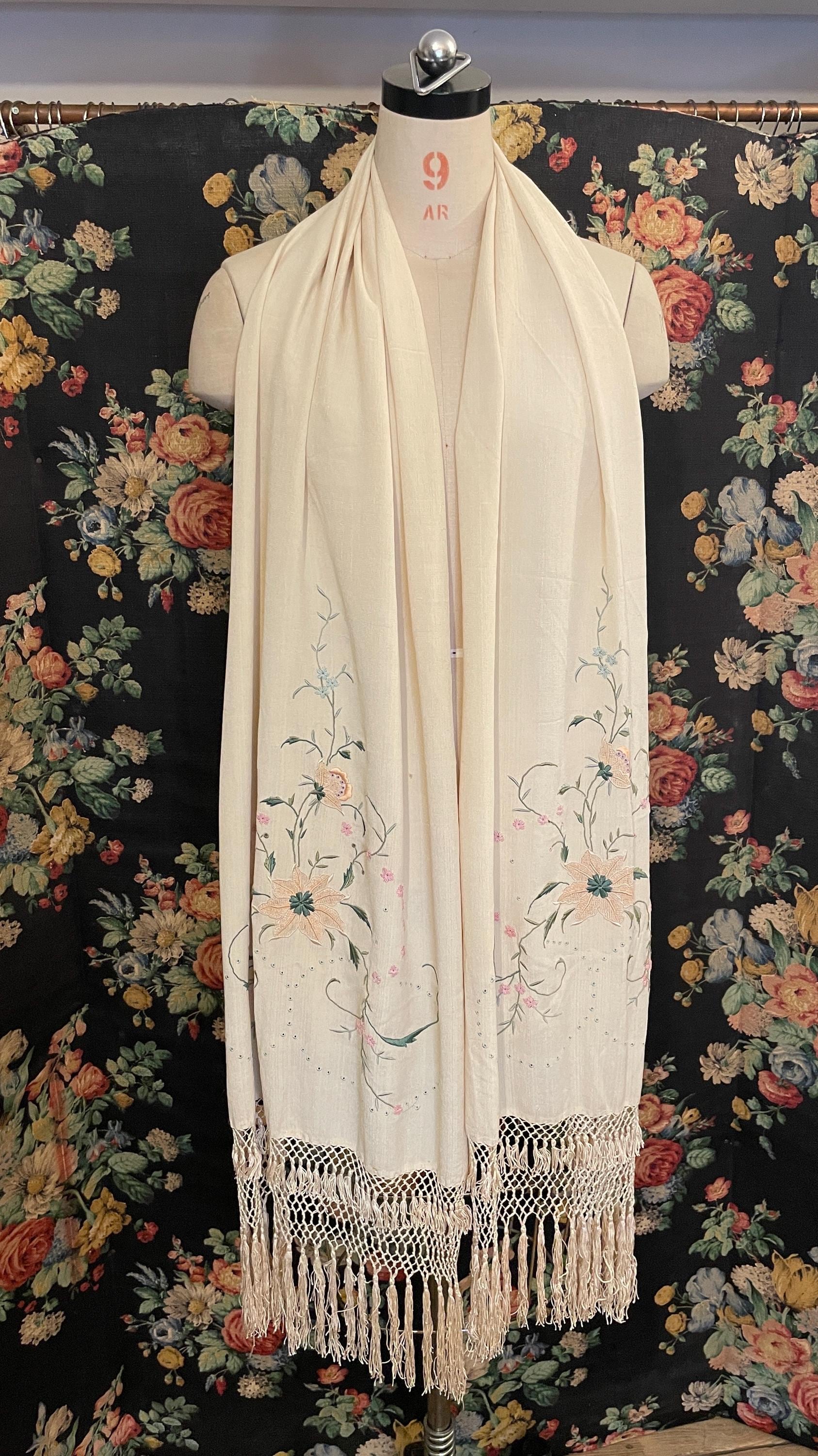 小物 camiel fortgens shawl vintage silk Antique 1800s Cream Vintage Silk Shawl With Floral Embroidery and