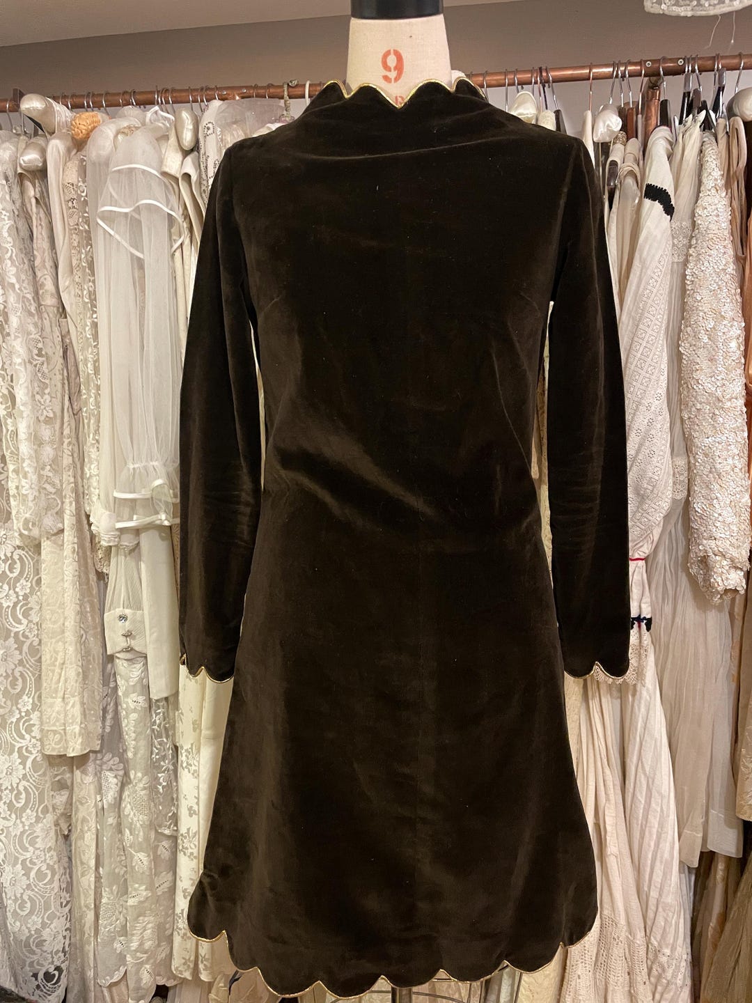 Vintage Brown V-Neck Suede Embroidered Mini Dress