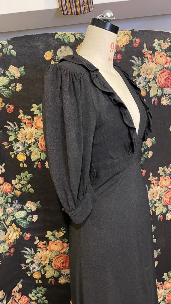 Archival OSSIE CLARK for RADLEY Maxi Wrap Dress | 1970s Black Moss Crepe Gown with Ruffle Trim & Puff Sleeves | Collectible designer vintage Archival OSSIE CLARK for RADLEY Maxi Wrap Dress | 1970s Black Moss Crepe Gown with Ruffle Trim & Puff Sleeves | Collectible designer vintage