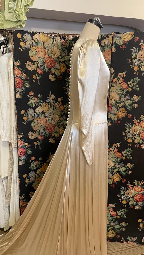 Blush Rose Gold 1930s Liquid Satin Bridal Gown With Train, Silk Vintage Wedding Dress