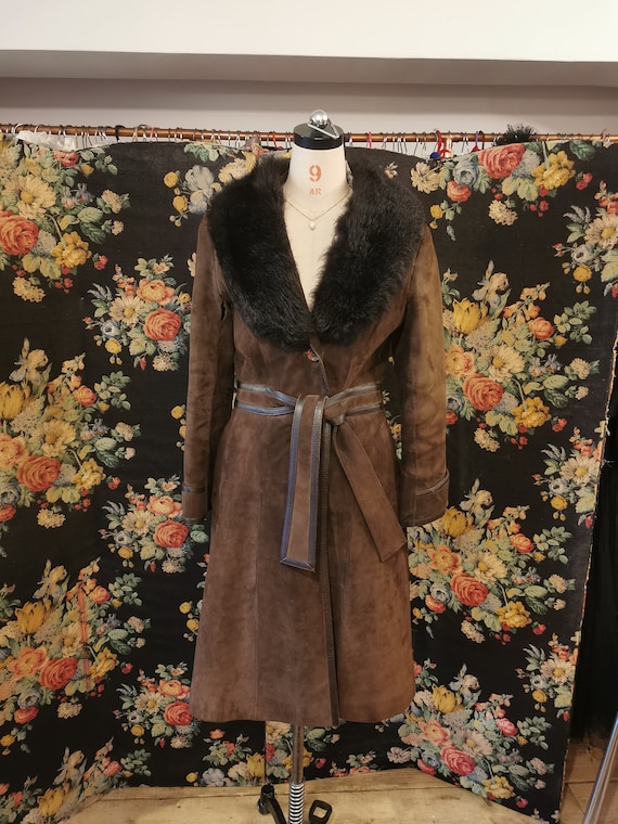 Vintage Fur Collar 60s Pennylane Dark Brown Suede and Leather Coat 
