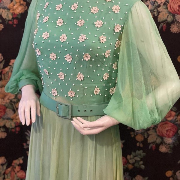 Hardy Amies beaded pastel green chiffon dress