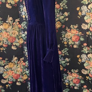 Puede incluir: Un vestido largo de terciopelo morado oscuro con mangas largas y escote en V. El vestido presenta una serie de peque&ntilde;os botones en la parte delantera y una falda fruncida. El vestido se exhibe en un maniqu&iacute; contra un fondo floral.