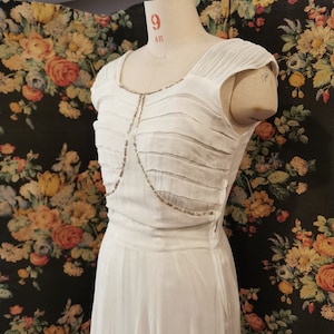 True vintage 1930&#39;s bridal gown Pleated bodice white silk crepe wedding dress with bronze sequin embellishments Waist 26 Uk 6-8