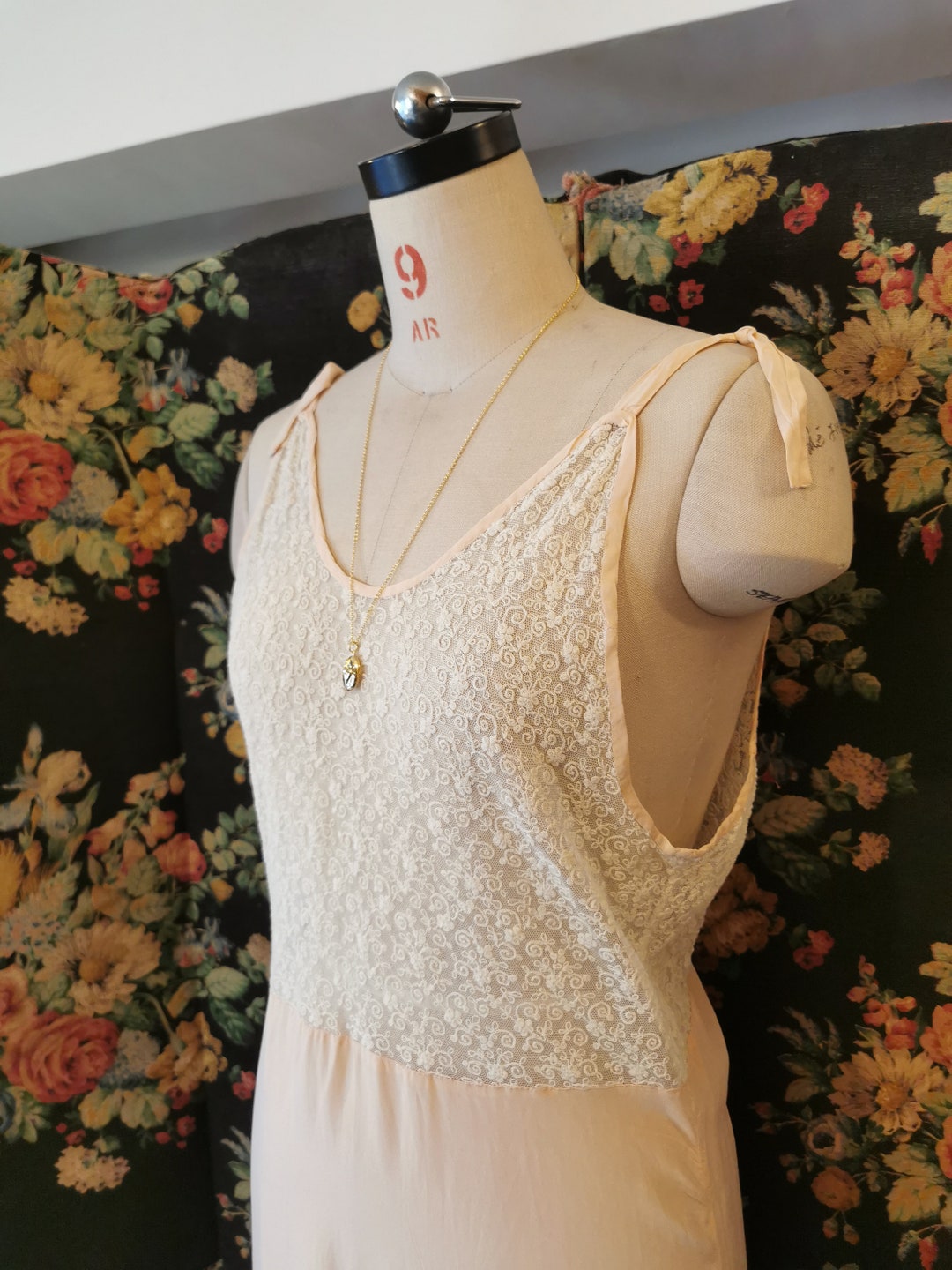 XL 1920s Step In Pink Silk Slip with Tieback Waist