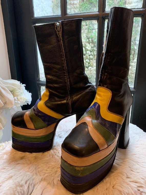 1970s Striped Leather Platform Boots