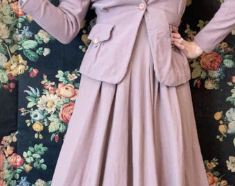 1950s vintage two piece dress suit with blazer jacket, mauve pastel, ladies co-ord set by Dumarsel