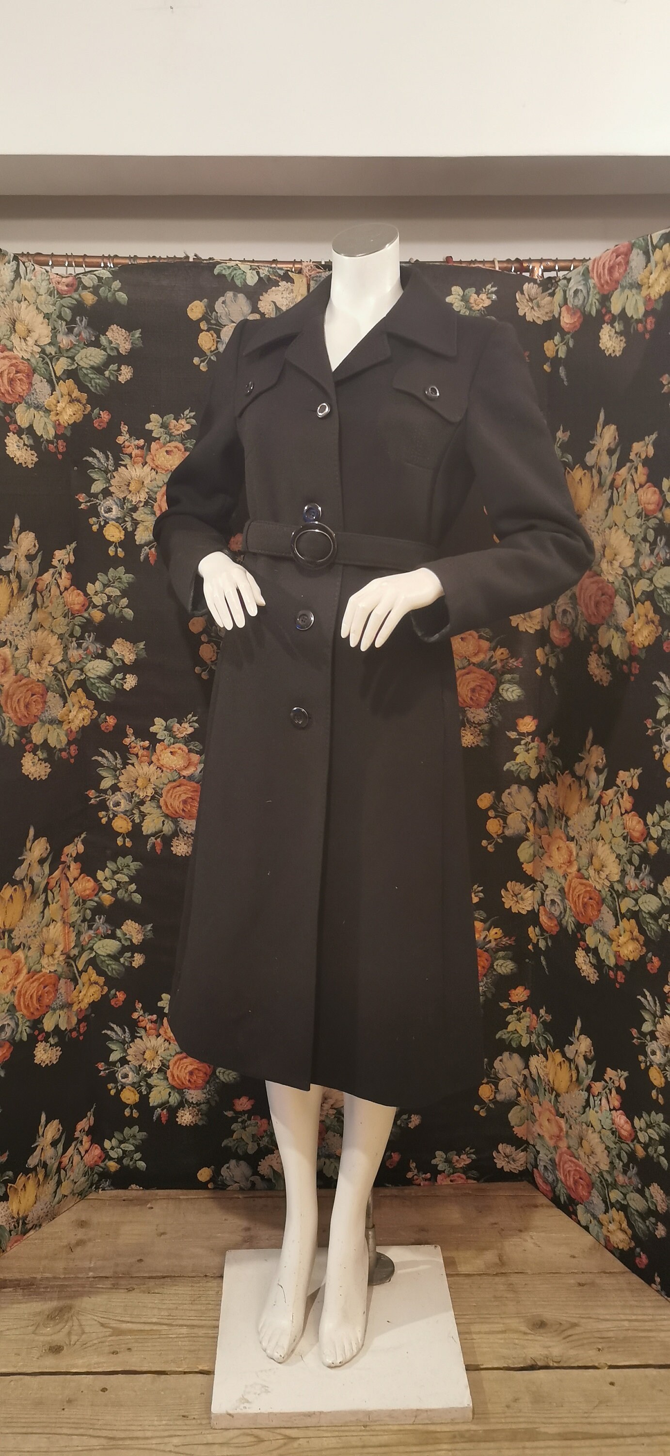 Timeless 60's Black Trench Coat by Hucke Vintage Pure Virgin Wool