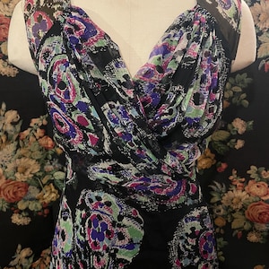 1930s silk chiffon floral dress vintage bias cut black abstract print rare special occasion eveningwear uk 8-10