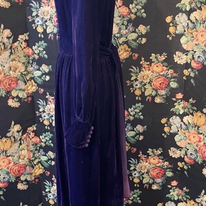 Puede incluir: Un vestido largo de terciopelo morado oscuro con mangas largas y un corpi&ntilde;o ajustado. El vestido presenta detalles de botones en los pu&ntilde;os y un cintur&oacute;n a juego. El vestido se exhibe en un maniqu&iacute; sobre un fondo floral.