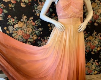 1950s chiffon dip dye peach dress