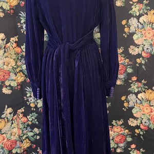 Puede incluir: Un vestido largo de terciopelo morado oscuro con mangas largas y un cintur&oacute;n a juego atado a la cintura. El vestido tiene cuello en V y pu&ntilde;os abotonados. El vestido se exhibe en un maniqu&iacute; sobre un fondo floral.