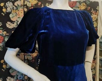 Adorable 1930&#39;s Puff Sleeve Velvet Dress Navy Royal Blue UK 12