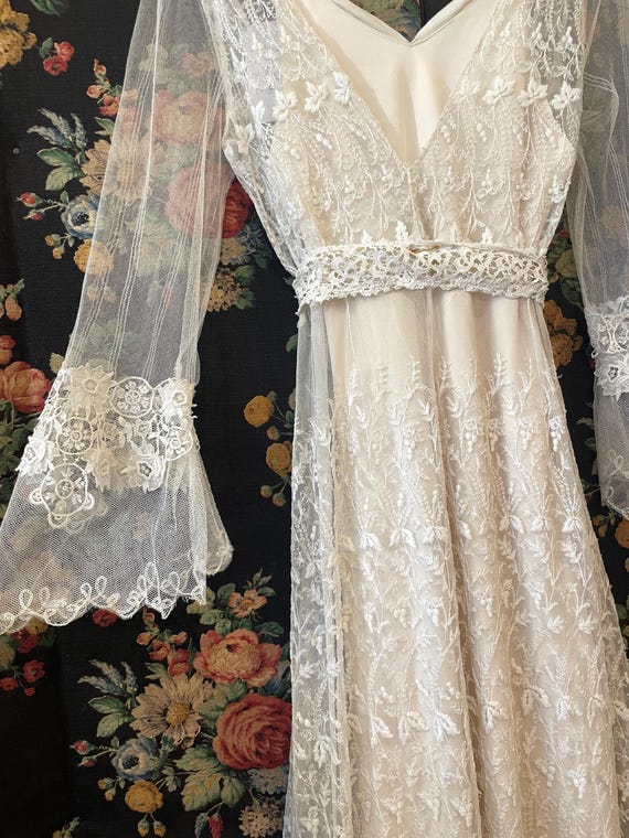 Antique Lace Bridal Gown | Boho Sleeves Wedding Dress Sheer Lace Overlay Train with Silk Slip Dress | Bespoke Bride 'Arabella'