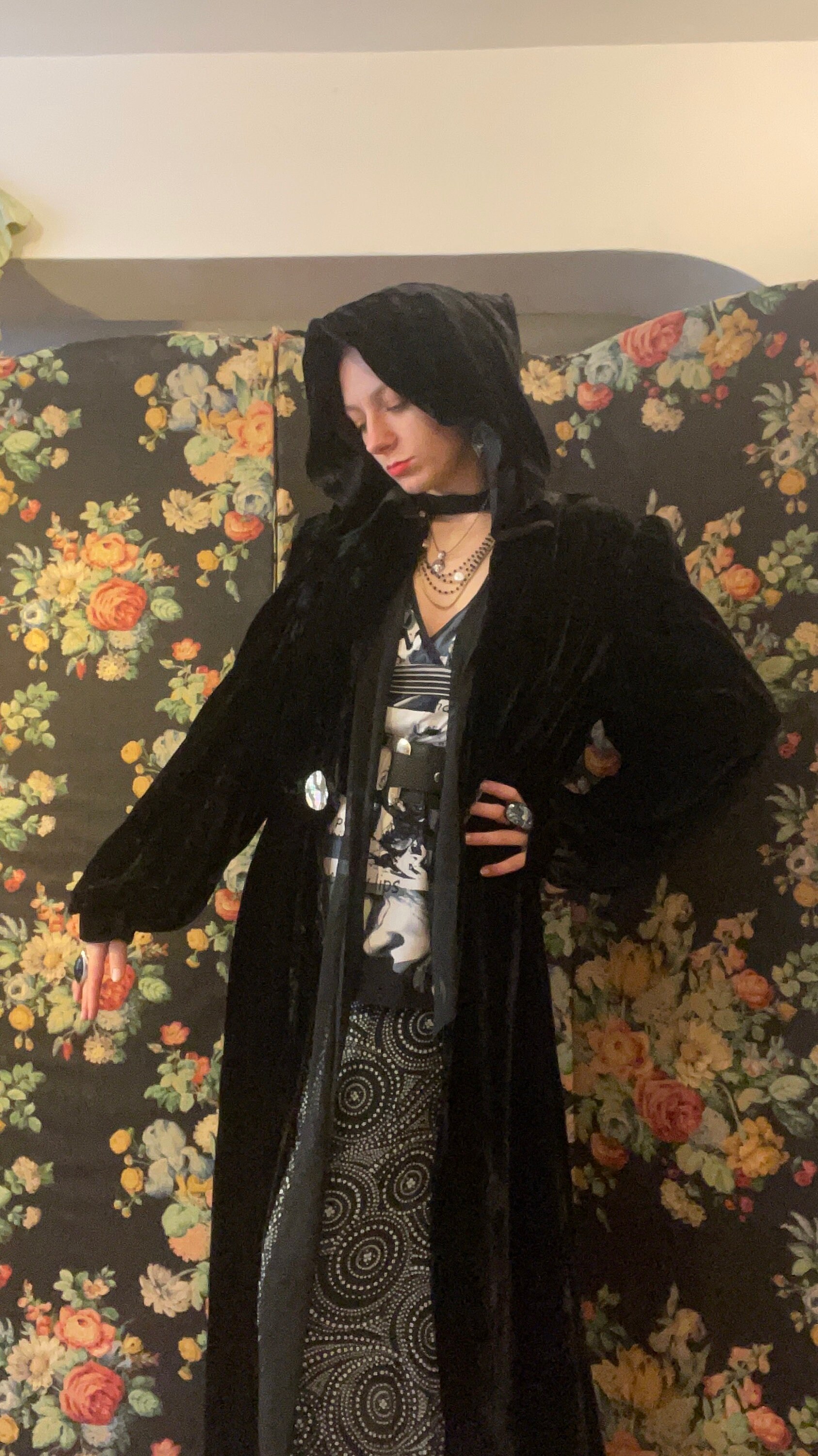 Dramatic 1930's Black Velvet Evening Coat Pointed Hooded Robe