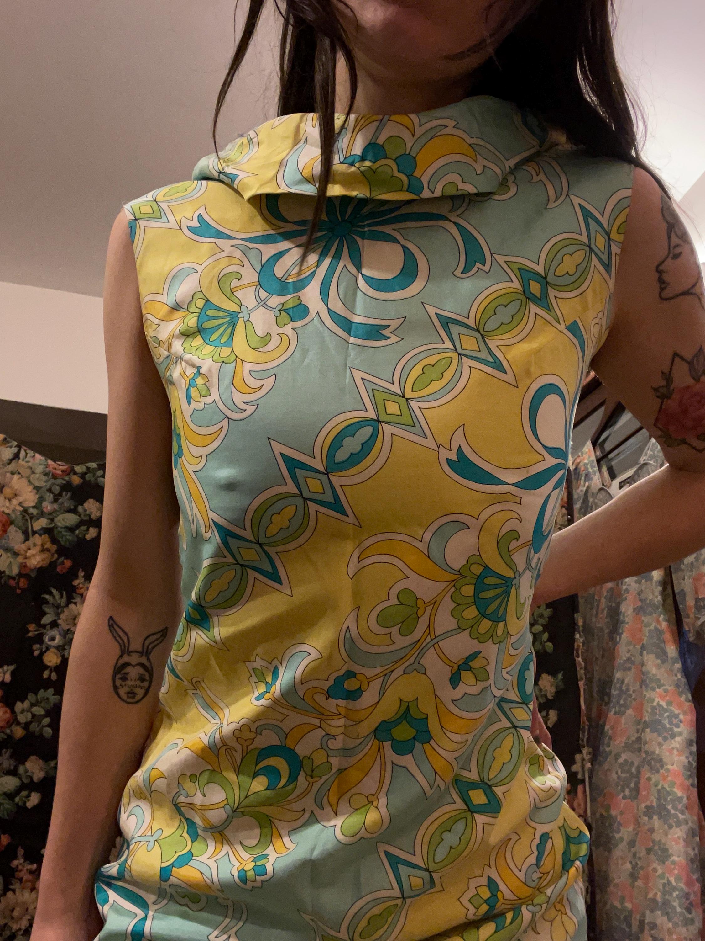 Vintage 1960s Mini Funnel Neck Shift Dress Yellow Blue Ribbon