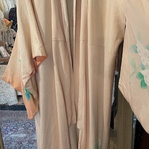 Antique vintage kimono, baby pastel powder pink with floral print details