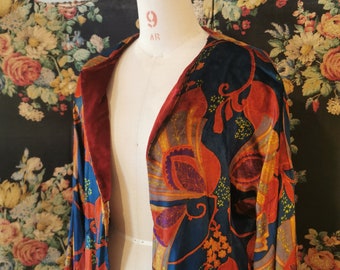 Splendida vestaglia stampata in velluto di seta degli anni '70