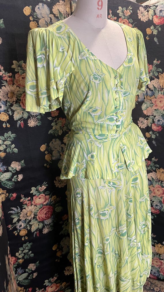 1970s Vintage biba two piece skirt suit in chartreuse green floral print