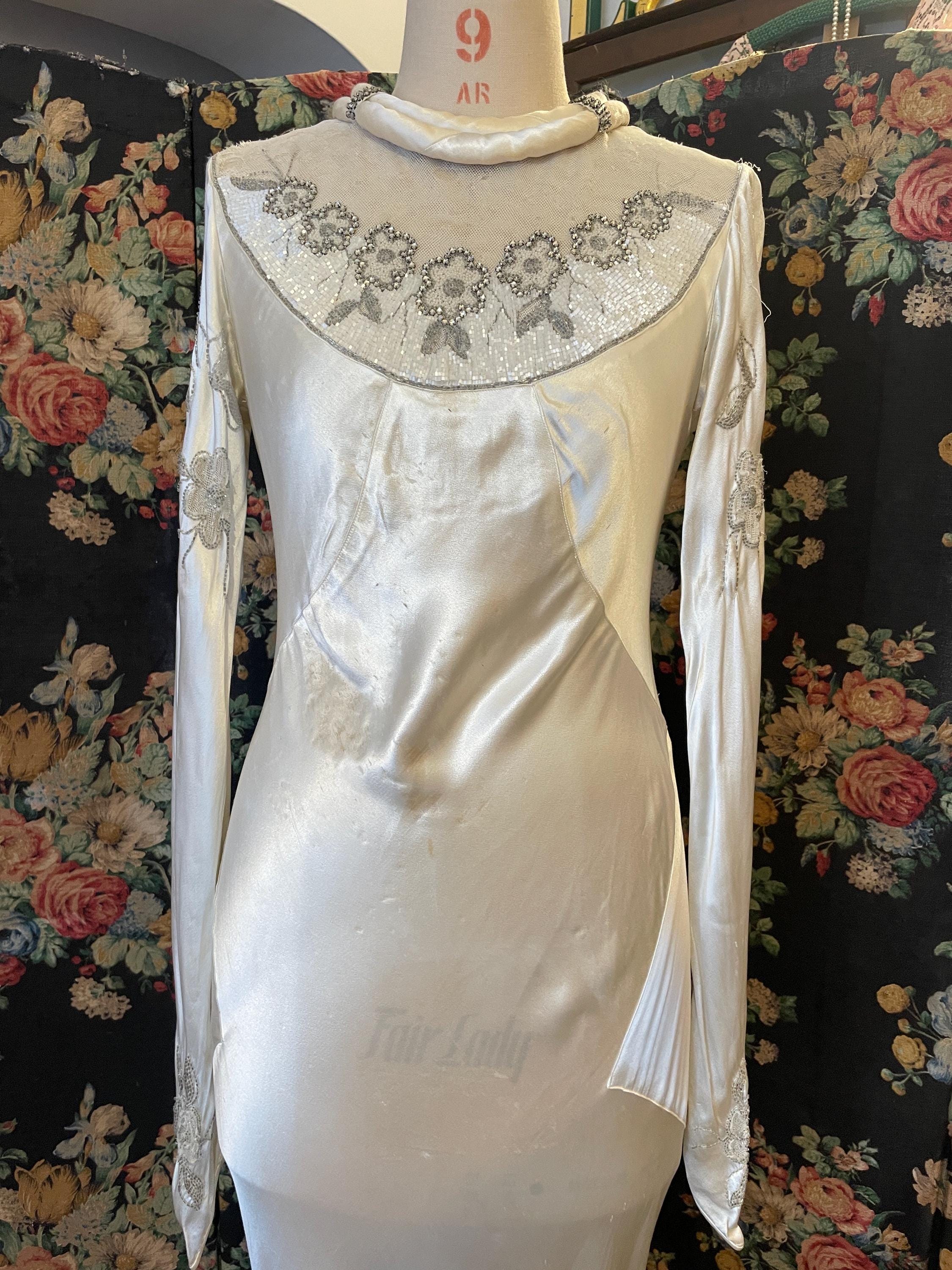 vintage 1930s silk satin wedding dress with train | cord neck mesh with beaded floral embroidery