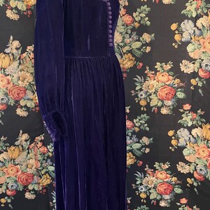 Puede incluir: Un vestido largo de terciopelo morado oscuro con mangas largas y escote en V. El vestido presenta una fila de botones en la parte delantera y se exhibe en un maniqu&iacute;. El fondo es un estampado floral.