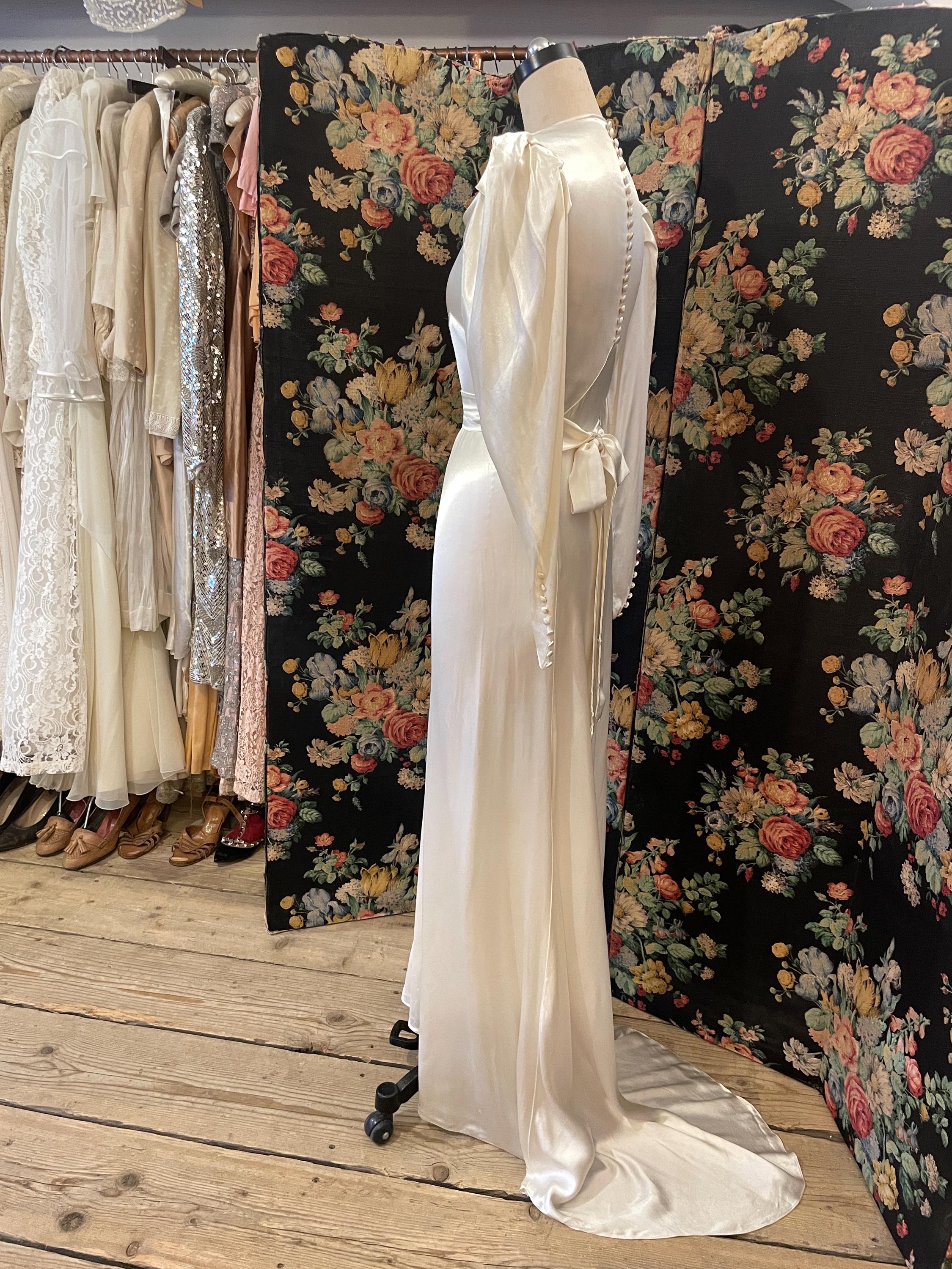 liquid satin wedding dress vintage 1940's Satin Wedding Dress / Pearlized Beads / Lace Back / Long Sleeves / Size XS- Small