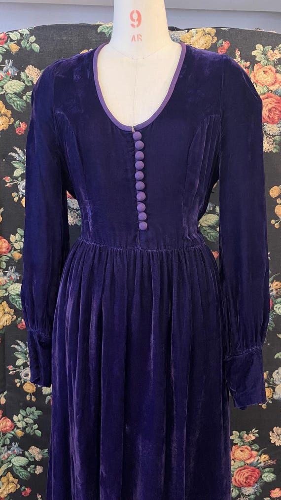 Vintage 1970s dark purple velvet maxi dress by Janice Wainwright for Simon Massey