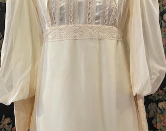 May include: Ivory-colored vintage dress with a high neckline and long, sheer sleeves. The bodice features vertical lace panels and a lace trim at the waist. The dress has a flowing skirt and is displayed on a mannequin.