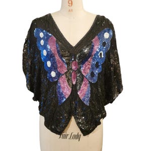 70s vintage Swee Lo beaded silk dolman sleeve butterfly disco top