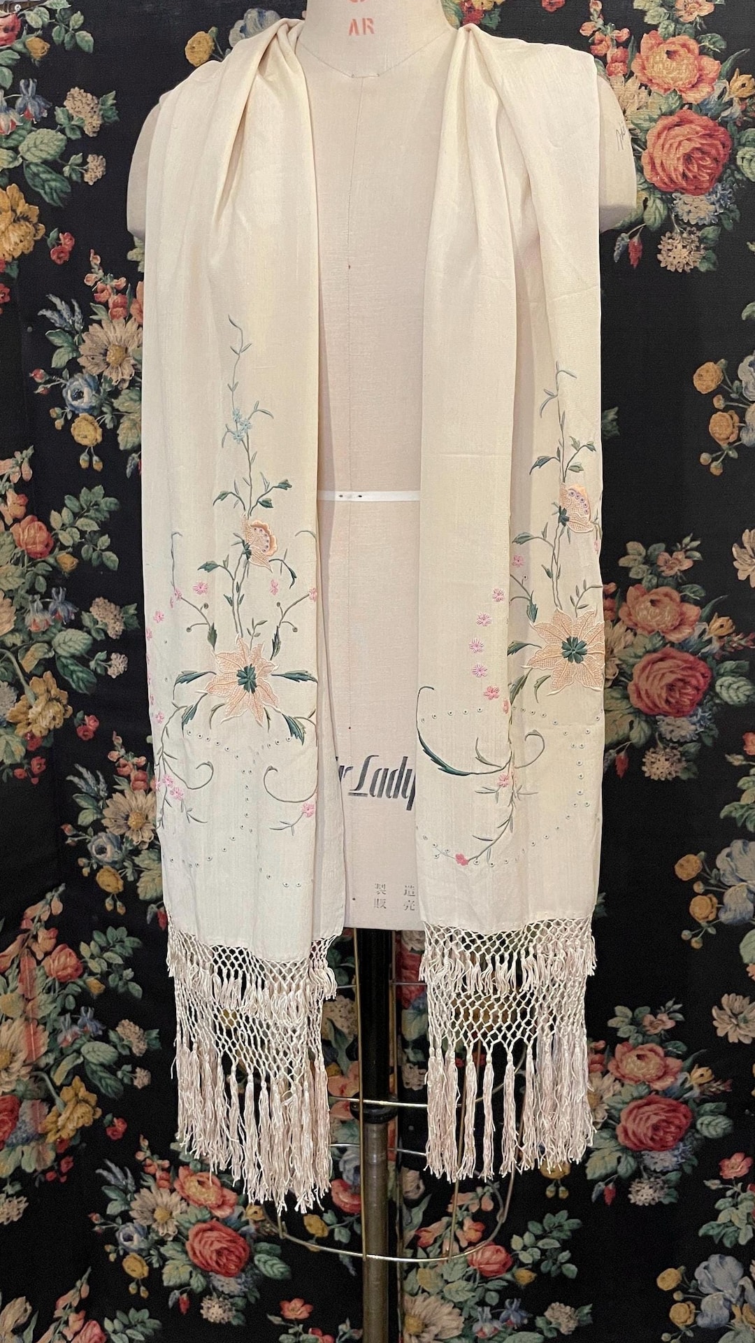 Antique 1800s Cream Vintage Silk Shawl With Floral Embroidery and
