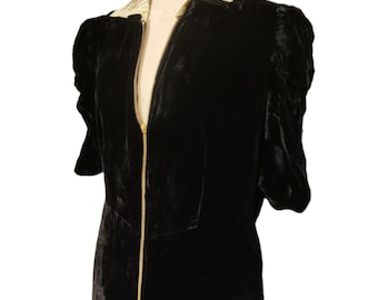 Vintage 1940s vestido de terciopelo negro sexy cremallera dorada delante miércoles Addams estilo cuello preppy gótico