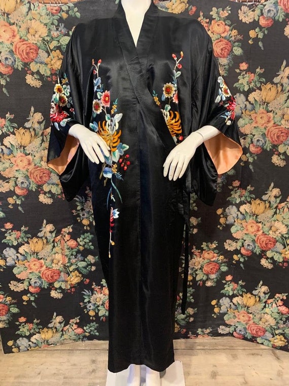 ON HOLD 1930s Black Silk Embroidered Kimono