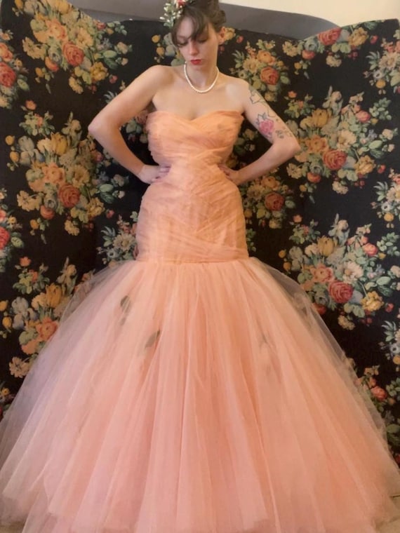 Peach Pink Tulle Vintage Mermaid Fishtail Ball Gown Bridesmaid