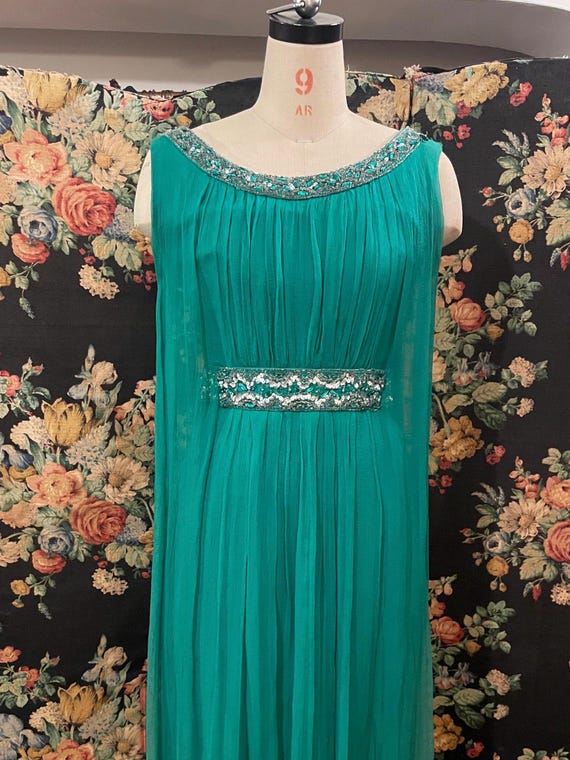 vintage special occasion jade emerald green maxi dress | prom dress ball gown | chiffon overlay