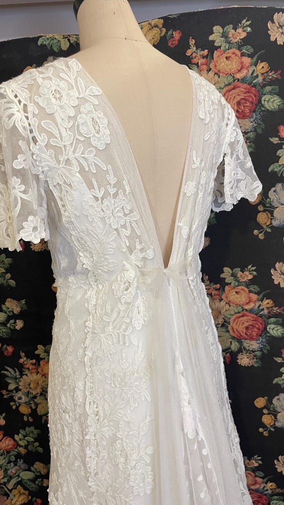 Antique lace bridal gown | Boho wedding dress sheer lace coat overlay train with slip dress | Bespoke bride hand applique lacework 'fortuna'