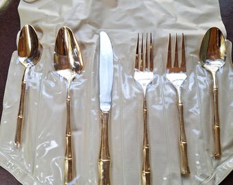 Vintage towle supreme goldtone and stainless steel bamboo flatware.4 sets.24 pieces.