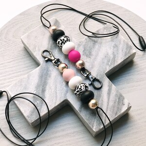 DALMATIAN SPOT LANYARD - silicone bpa free bead | quality metal clip | modern teacher functional accessory | black white and choice of pink