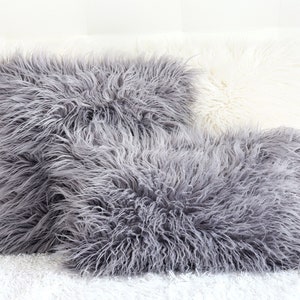 Faux Fur Pillow Cover, Gray faux fur pillow cover, Mongolian fur Pillow, Gray pillow cushions,Fur pillow,Fluffy Pillow Case