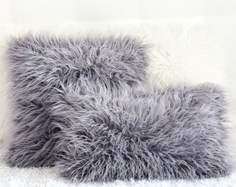 Gray Faux Fur Pillow Cover: Mongolian Style, Linen Back