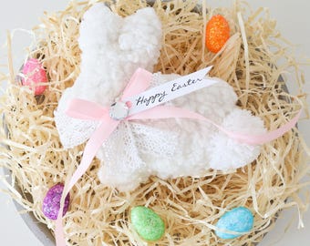 Boucle Easter Bunny Decor: Handmade Faux Fur Fabric Bunny