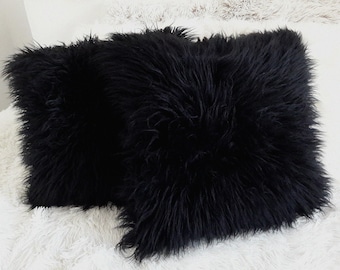 Black Mongolian Faux Fur Pillow Cover - Linen Back